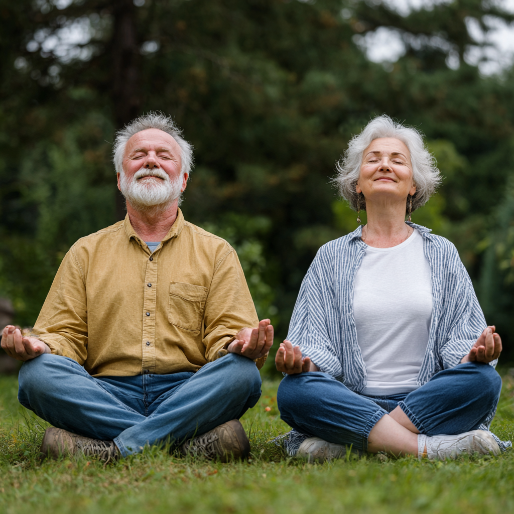Smiling middle-aged Ukrainian woman in comfortable yoga clothing practicing gentle yoga pose in natural lighting