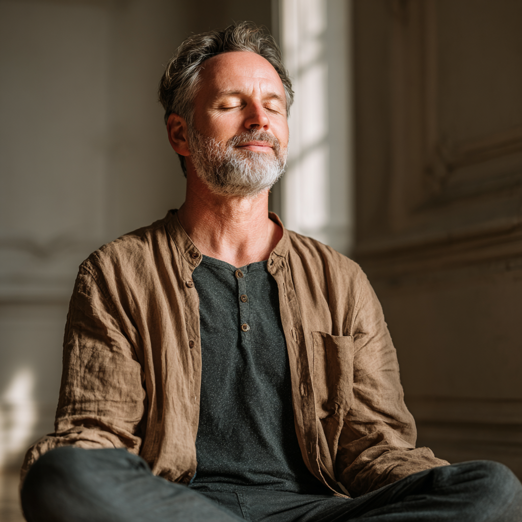 Happy elderly Ukrainian couple practicing simple yoga stretches together in a bright room, showing health benefits of regular practice
